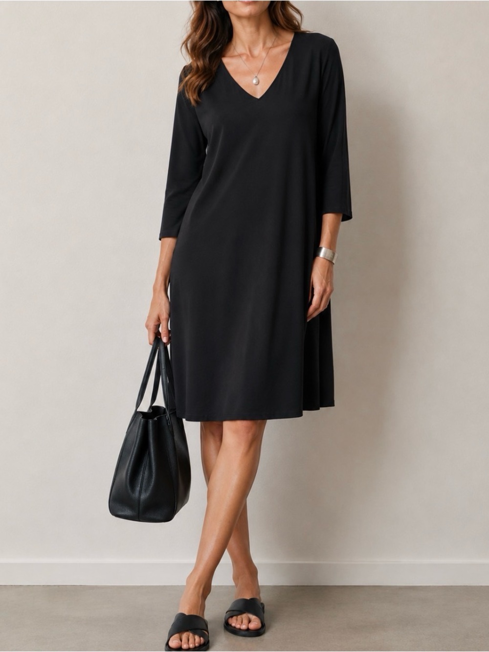 Eileen Fisher Black V-Neck A-Line Dress B3